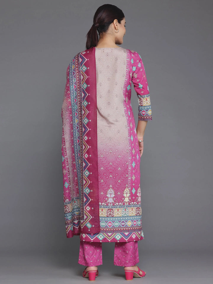 Pink Printed Poly Crepe Straight Suit With Dupatta - Libas