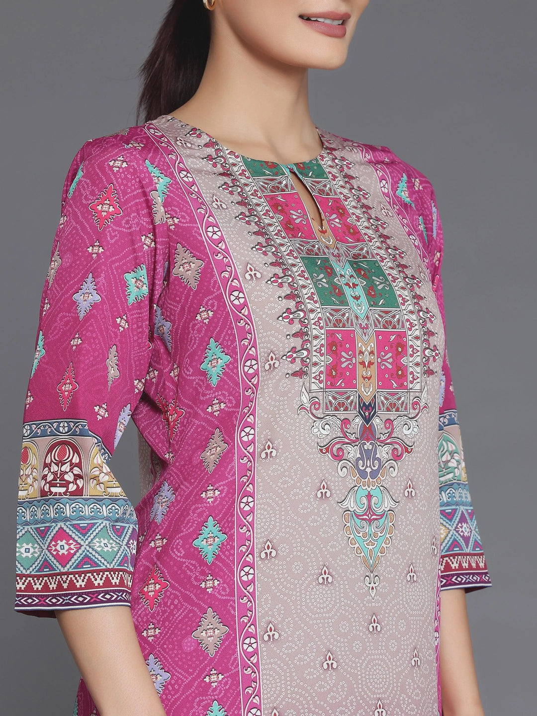 Pink Printed Poly Crepe Straight Suit With Dupatta - Libas 