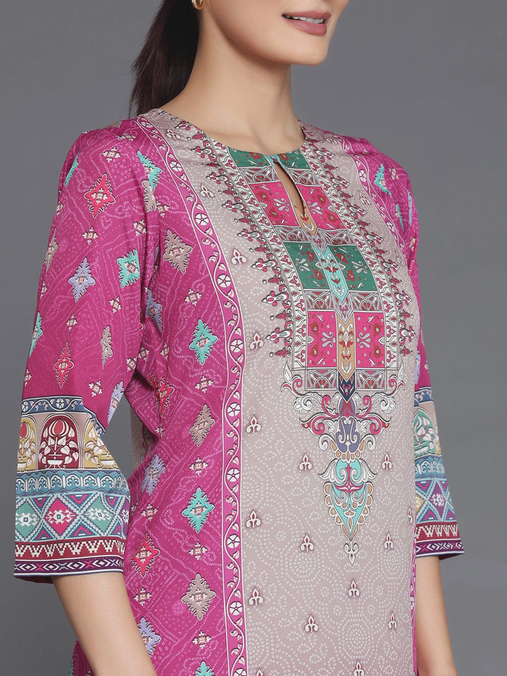 Pink Printed Poly Crepe Straight Suit With Dupatta - Libas