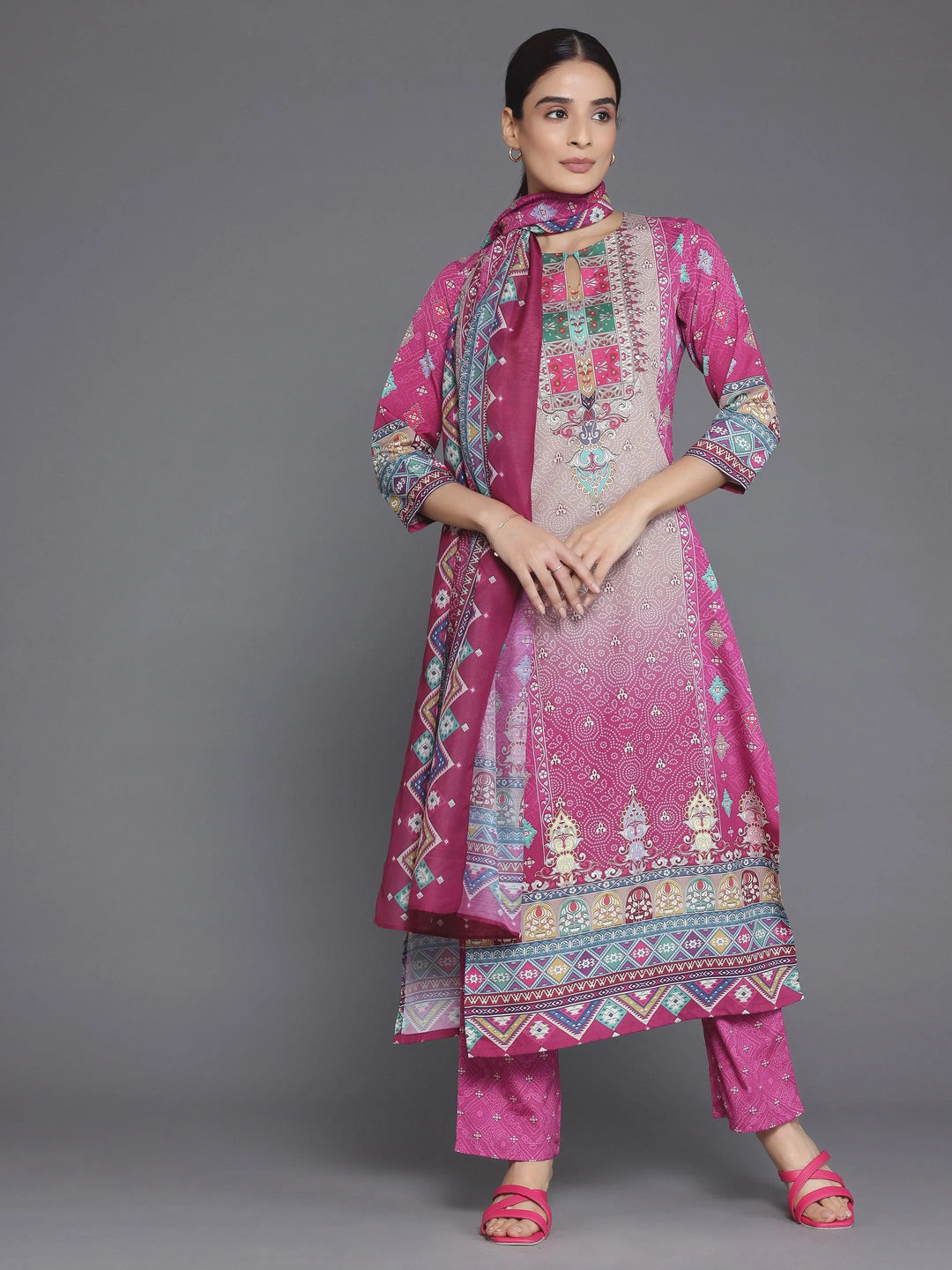 Pink Printed Poly Crepe Straight Suit With Dupatta - Libas 