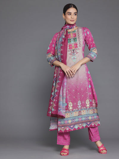 Pink Printed Poly Crepe Straight Suit With Dupatta - Libas