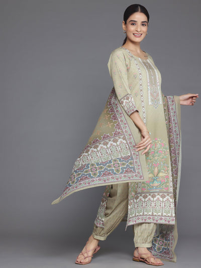 Olive Printed Crepe Straight Suit With Dupatta - Libas
