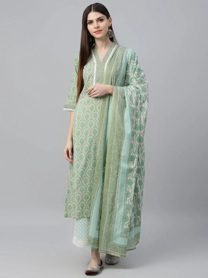 Green Printed Cotton Straight Suit With Dupatta - Libas
