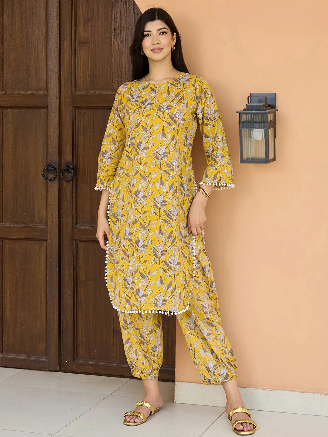 Mustard Printed Cotton Pathani Kurta Set-image-40