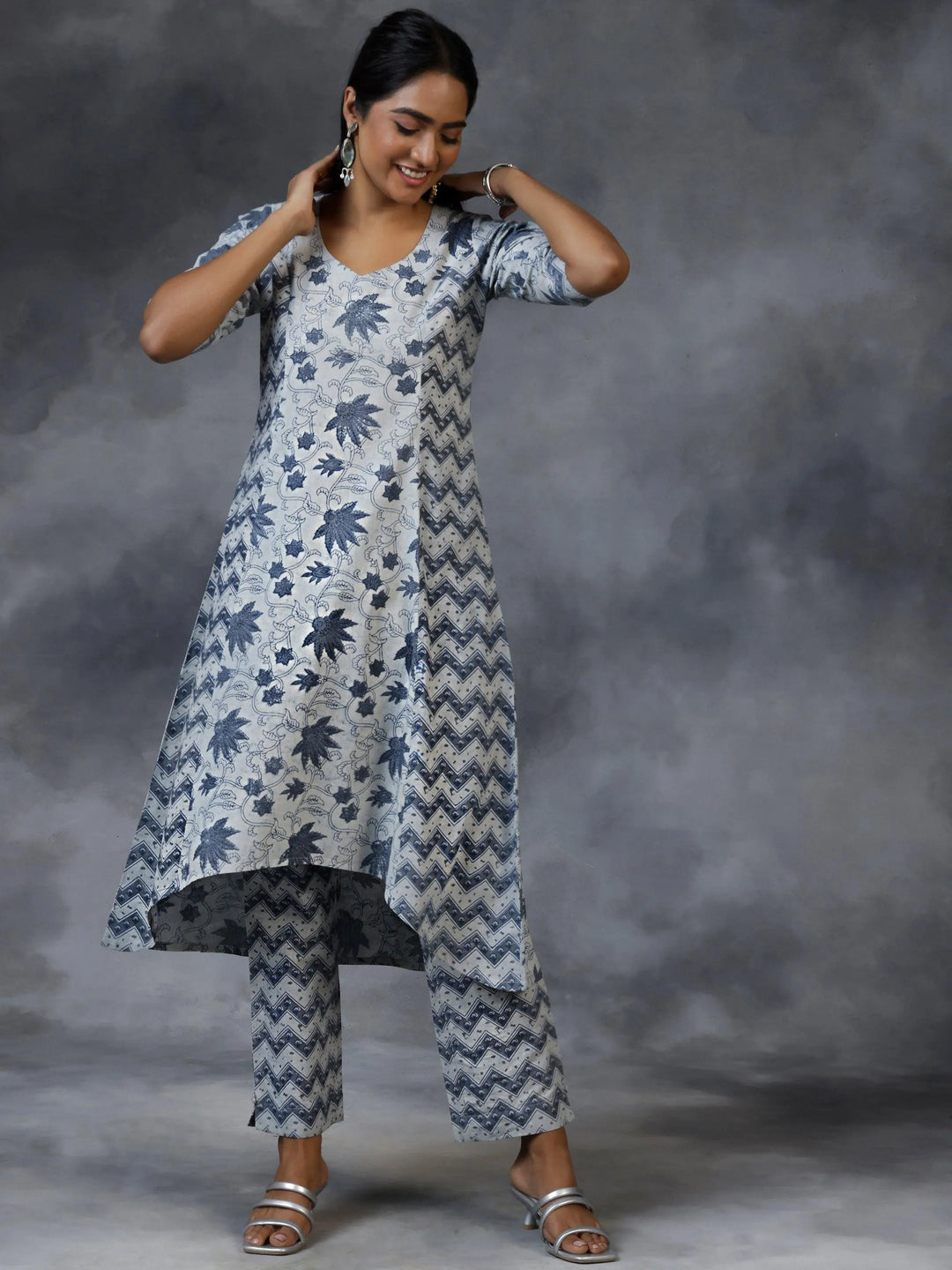 Grey Printed Cotton A-Line Kurta With Palazzos - Libas 
