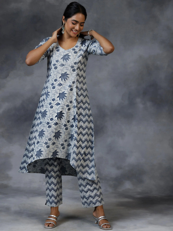 Grey Printed Cotton A-Line Kurta With Palazzos - Libas