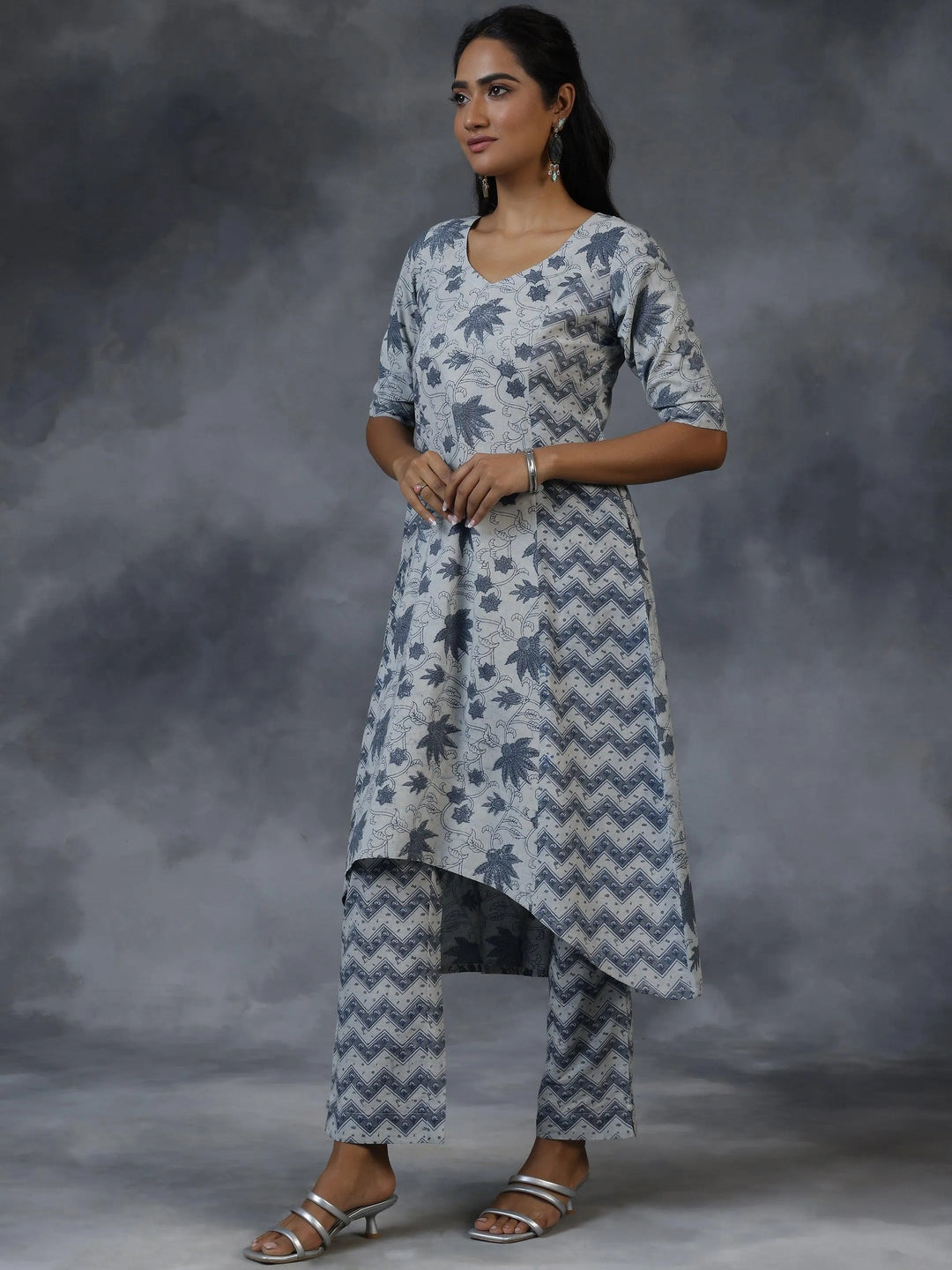 Grey Printed Cotton A-Line Kurta With Palazzos - Libas 