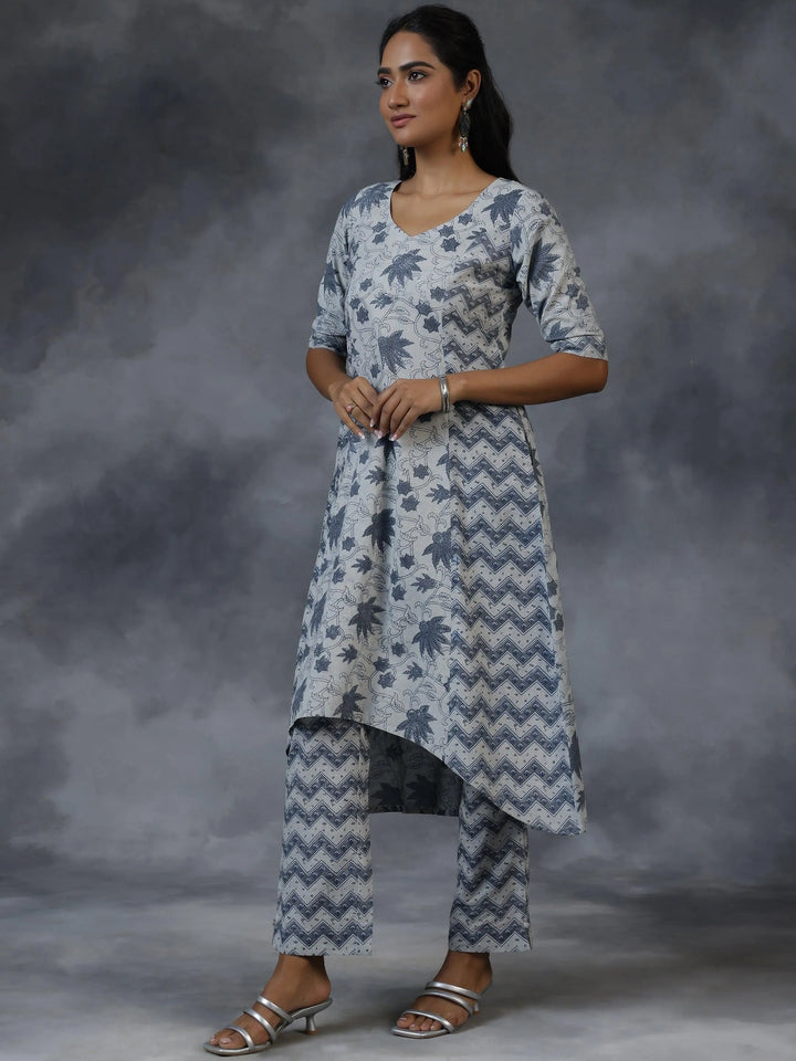 Grey Printed Cotton A-Line Kurta With Palazzos - Libas