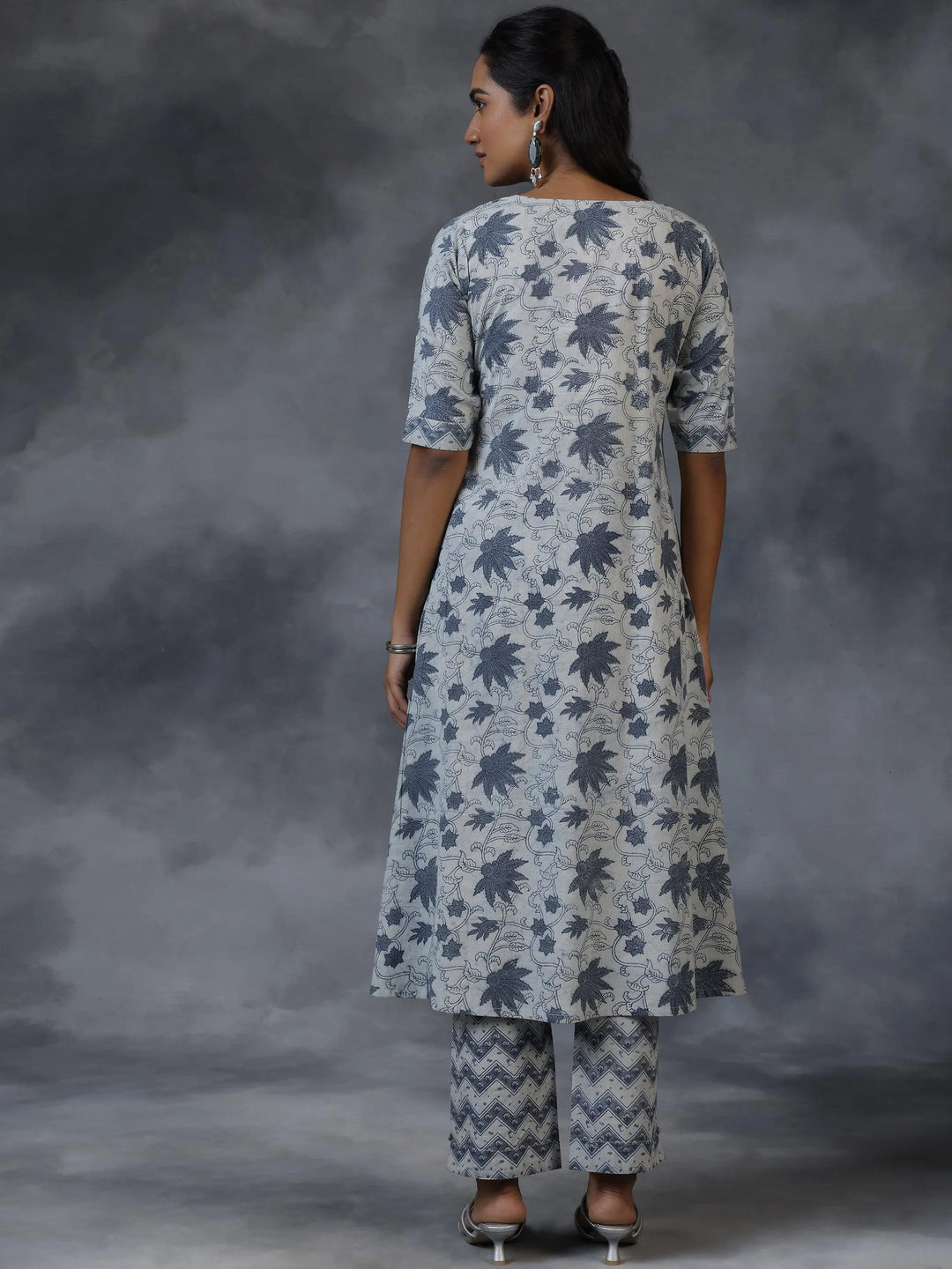 Grey Printed Cotton A-Line Kurta With Palazzos - Libas 