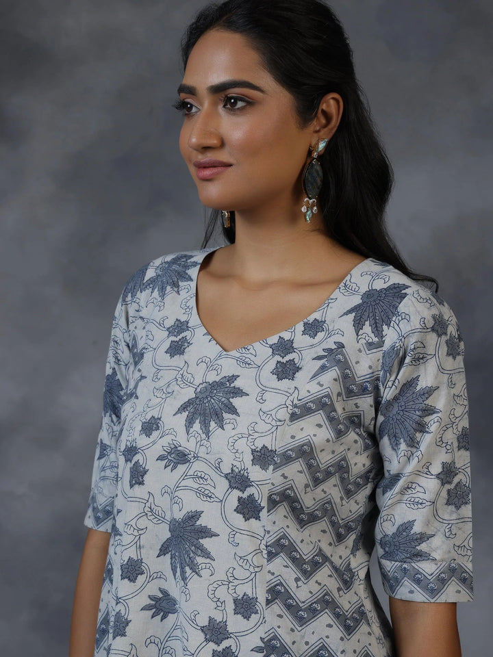 Grey Printed Cotton A-Line Kurta With Palazzos - Libas