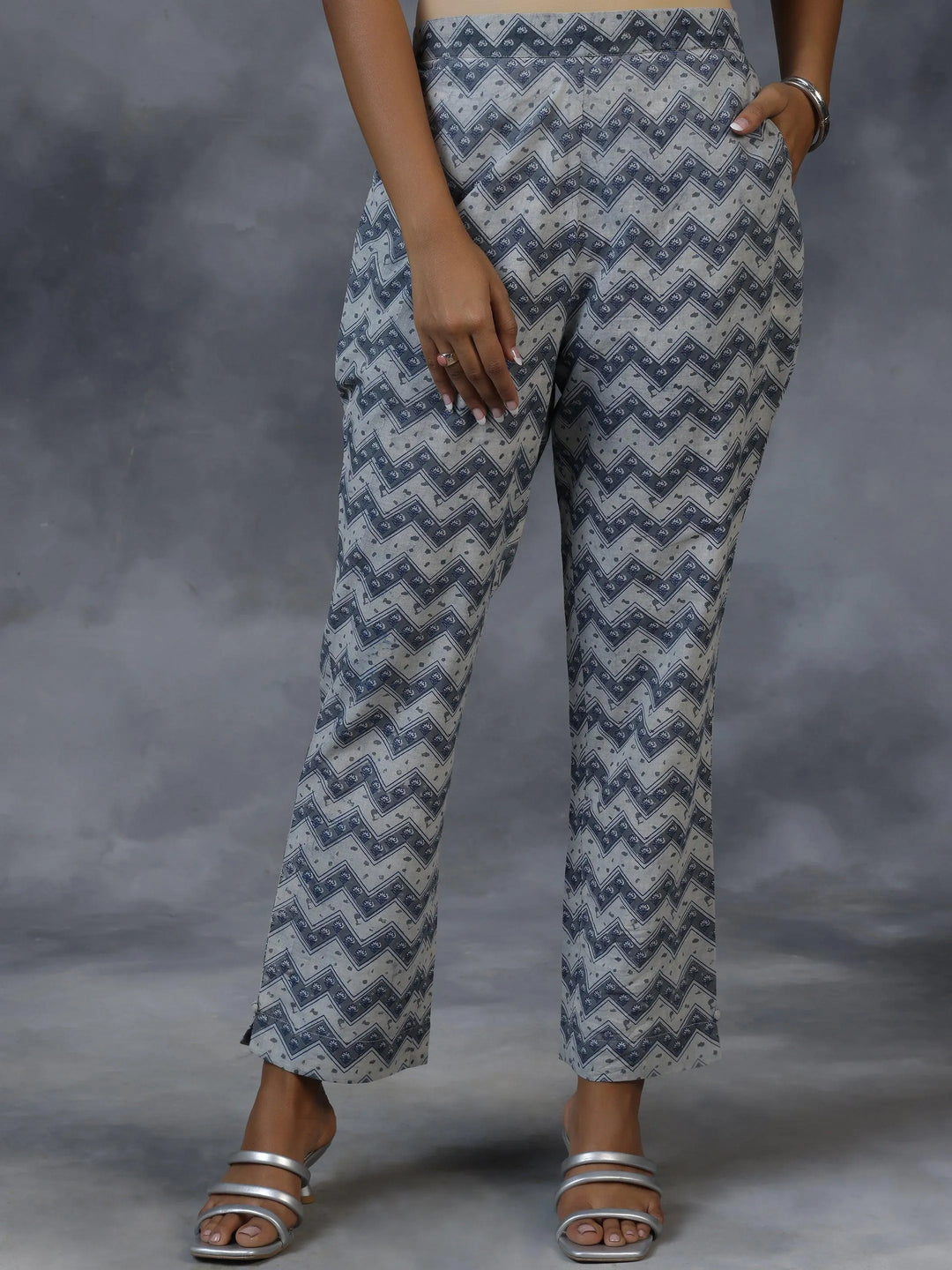 Grey Printed Cotton A-Line Kurta With Palazzos - Libas 