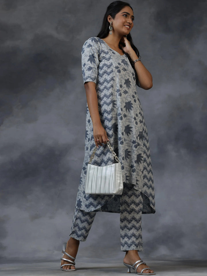 Grey Printed Cotton A-Line Kurta With Palazzos - Libas