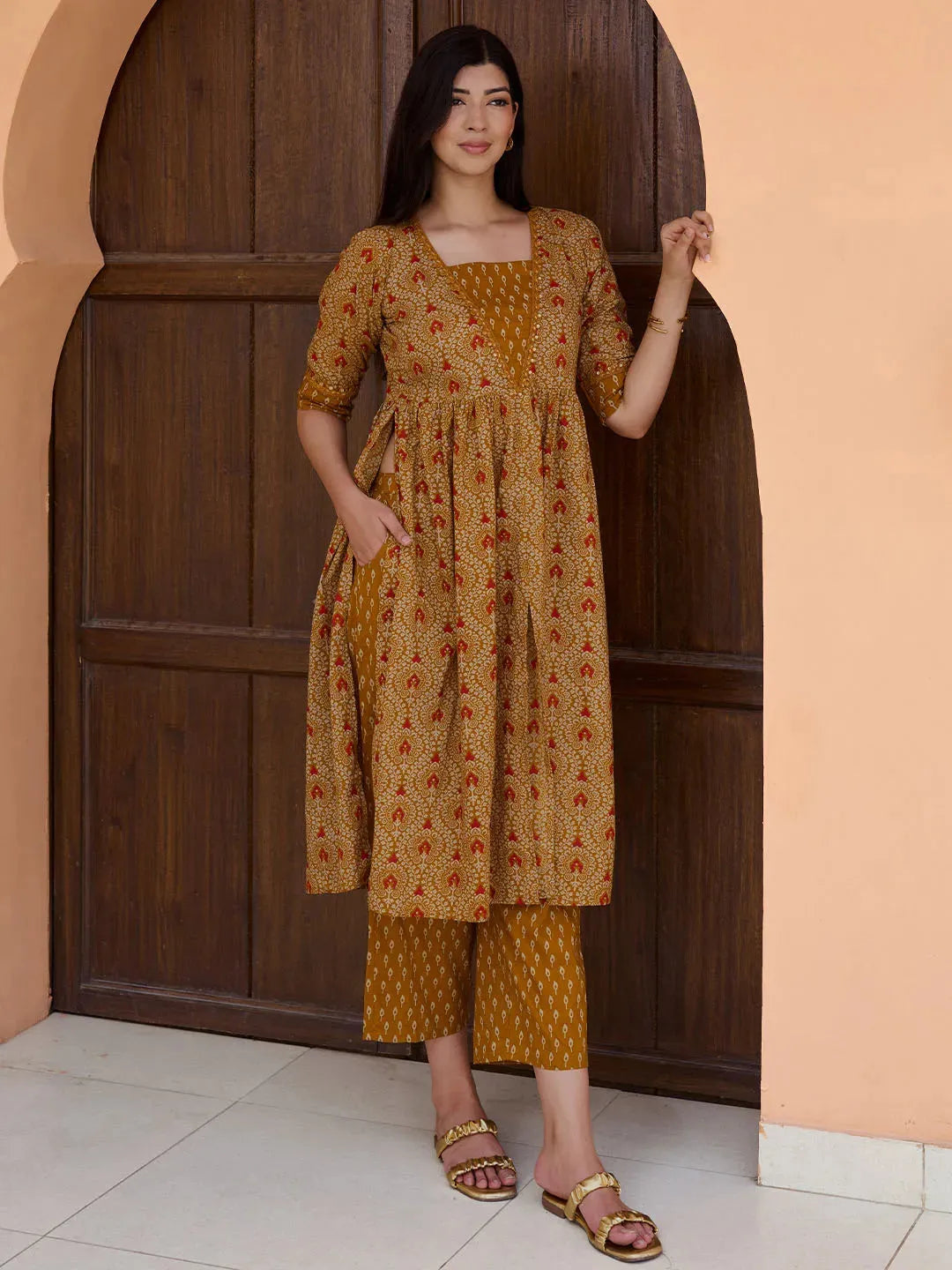 Mustard Cotton Silk Solid Hight Front Slit A-Line Kurta Palazzo With Organza Dupatta Set