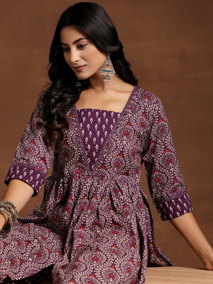 Purple Printed Cotton A-Line Kurta With Palazzos - Libas