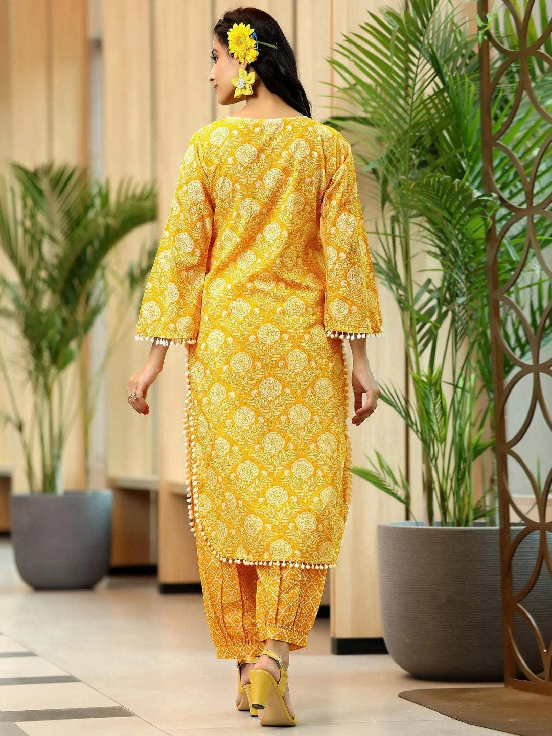  Yellow Printed Cotton Pathani Kurta Set 