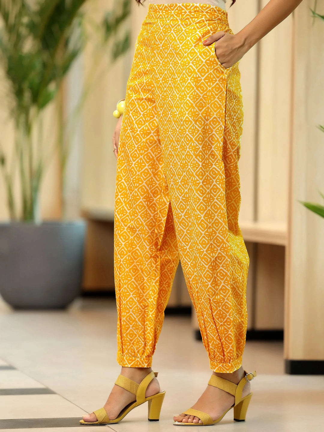  Yellow Printed Cotton Pathani Kurta Set 