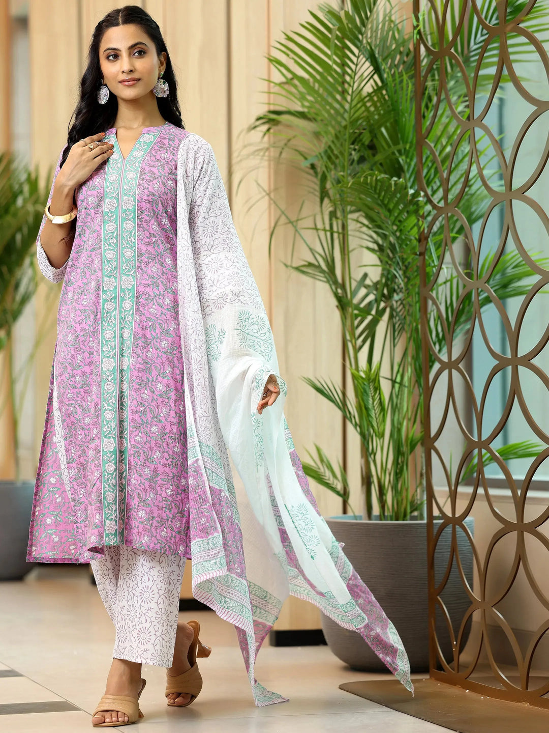  Pink Printed Cotton Straight Suit With Dupatta 