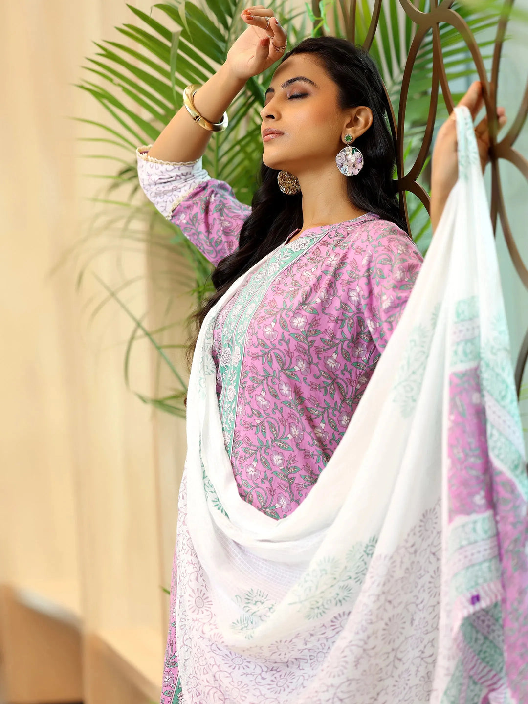  Pink Printed Cotton Straight Suit With Dupatta 