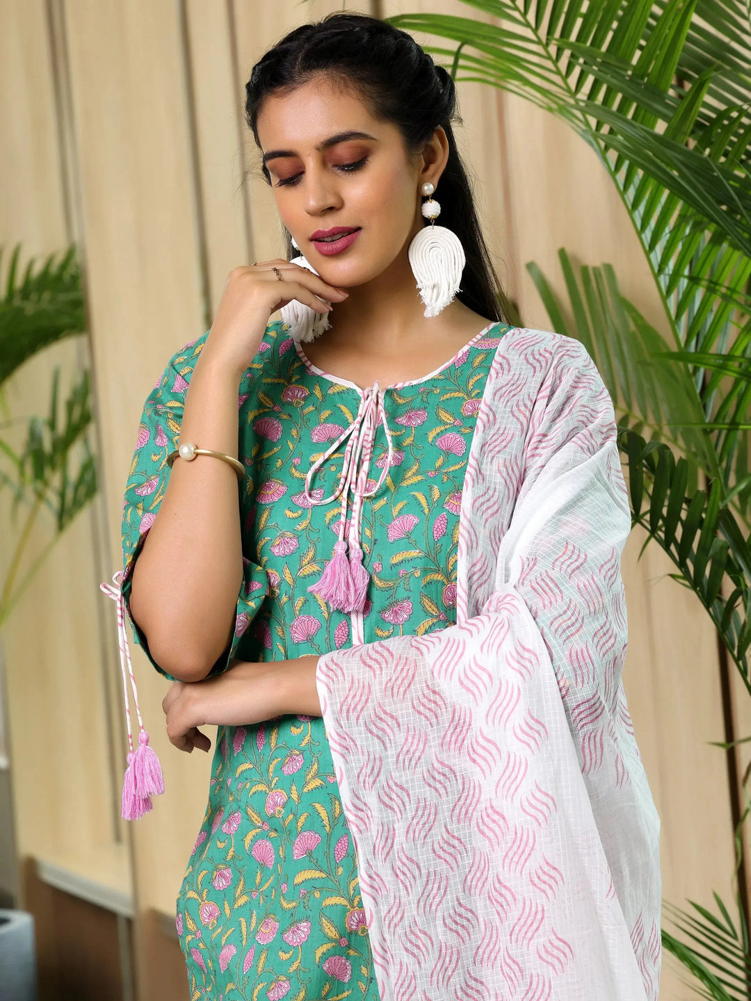  Green Printed Cotton Straight Suit With Dupatta 