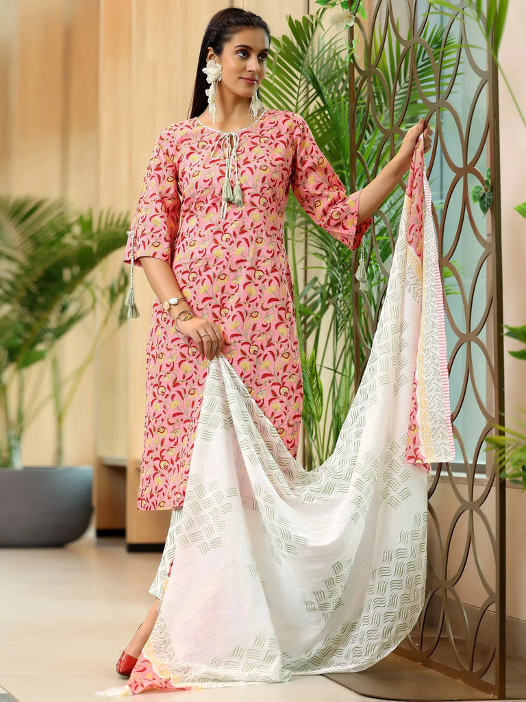 Libas Peach Printed Cotton Straight Suit With Dupatta