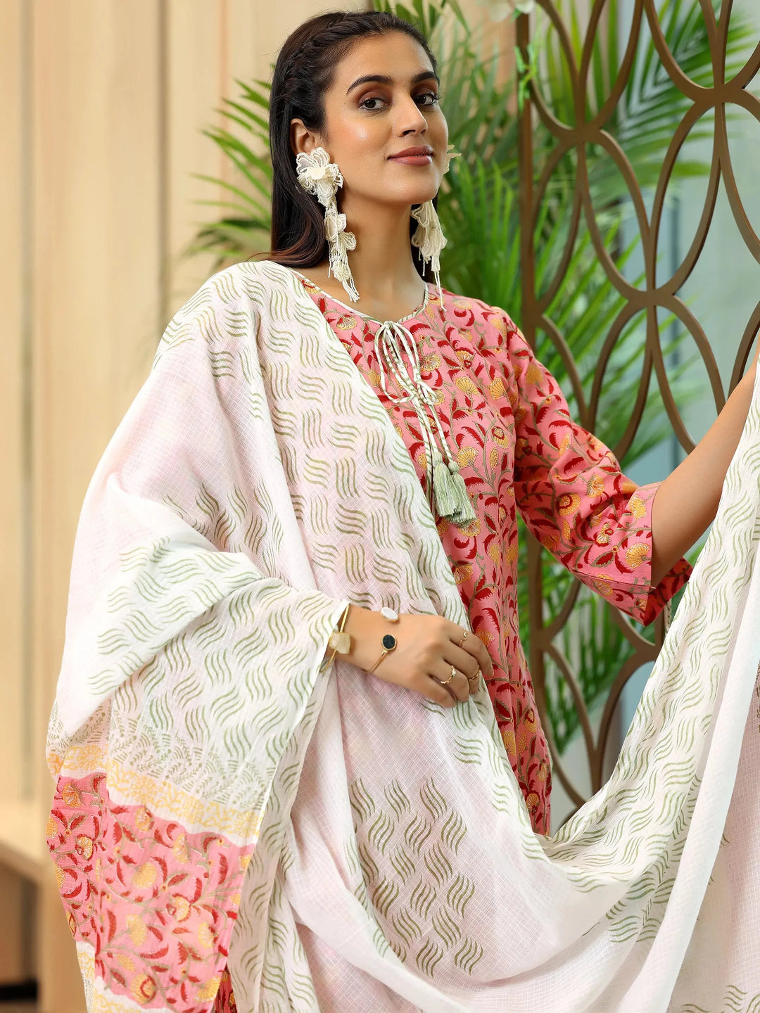  Peach Printed Cotton Straight Suit With Dupatta 