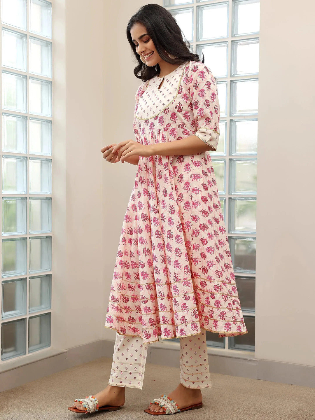  Pink Printed Cotton Anarkali Suit With Dupatta 