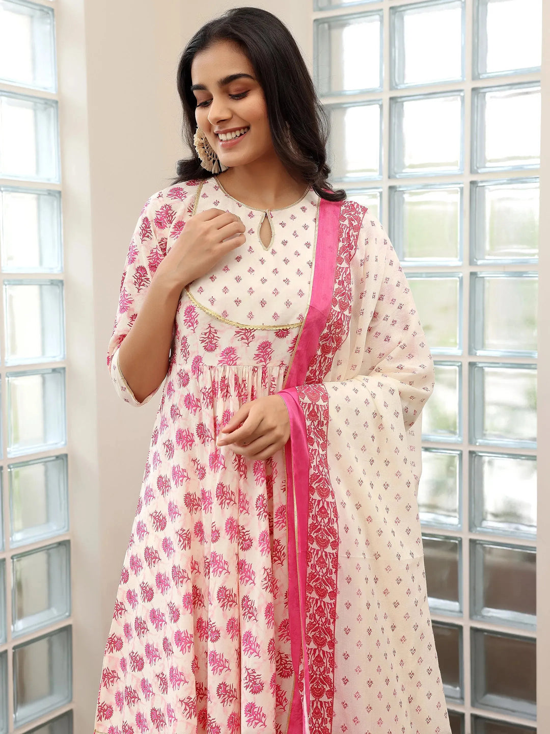  Pink Printed Cotton Anarkali Suit With Dupatta 