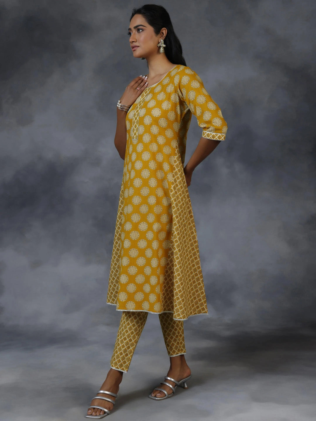 Mustard Printed Cotton A-Line Kurta With Trousers & Dupatta - Libas 