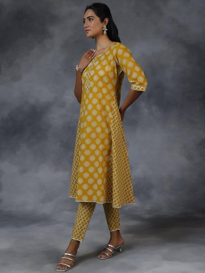 Mustard Printed Cotton A-Line Kurta With Trousers & Dupatta - Libas
