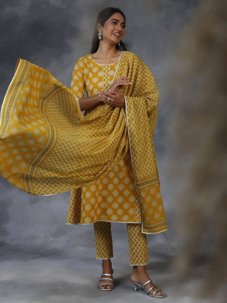 Libas Mustard Printed Cotton A-Line Kurta With Trousers & Dupatta