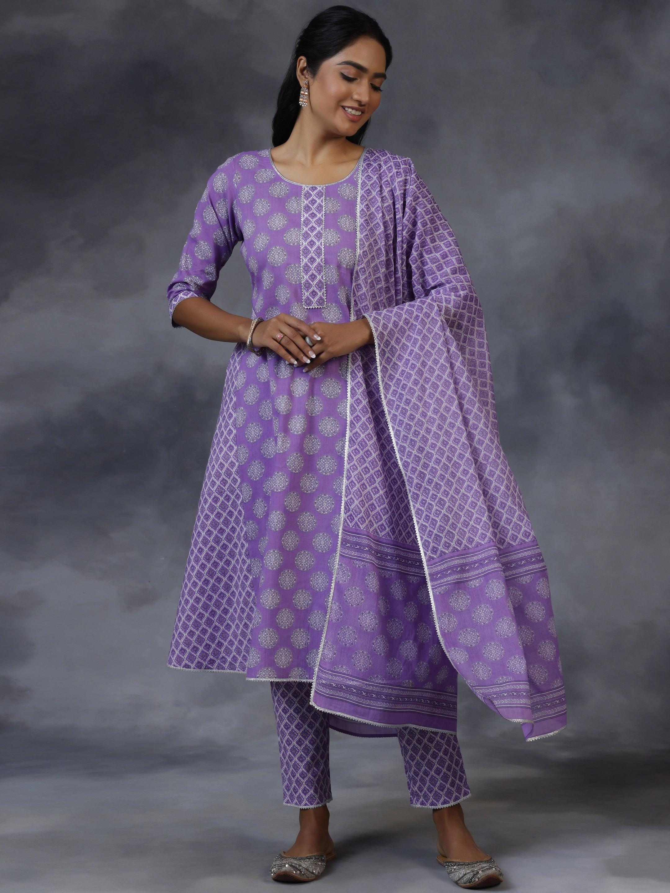 Purple Printed Cotton A-Line Kurta With Trousers & Dupatta