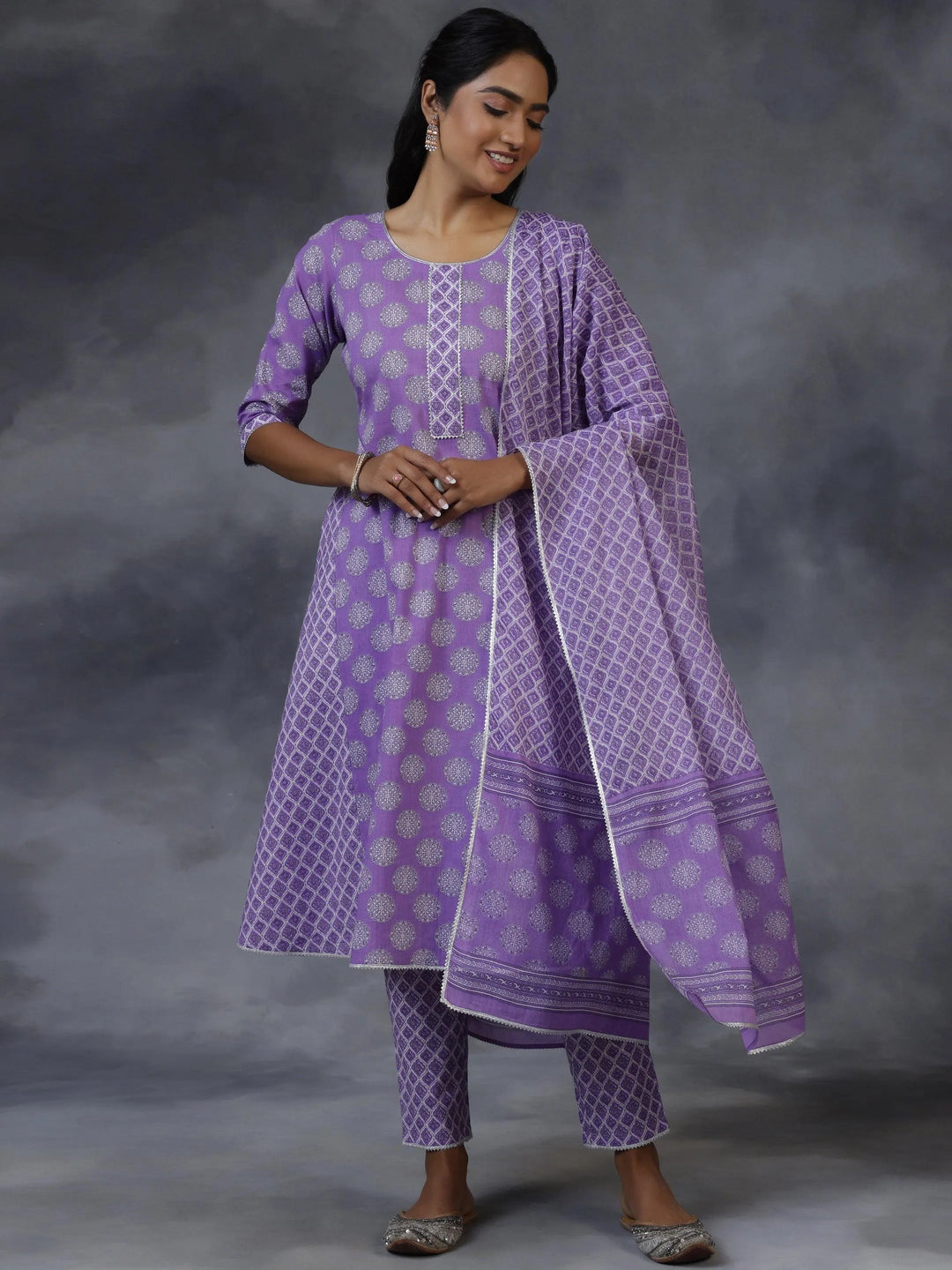 Purple Printed Cotton A-Line Kurta With Trousers & Dupatta - Libas 