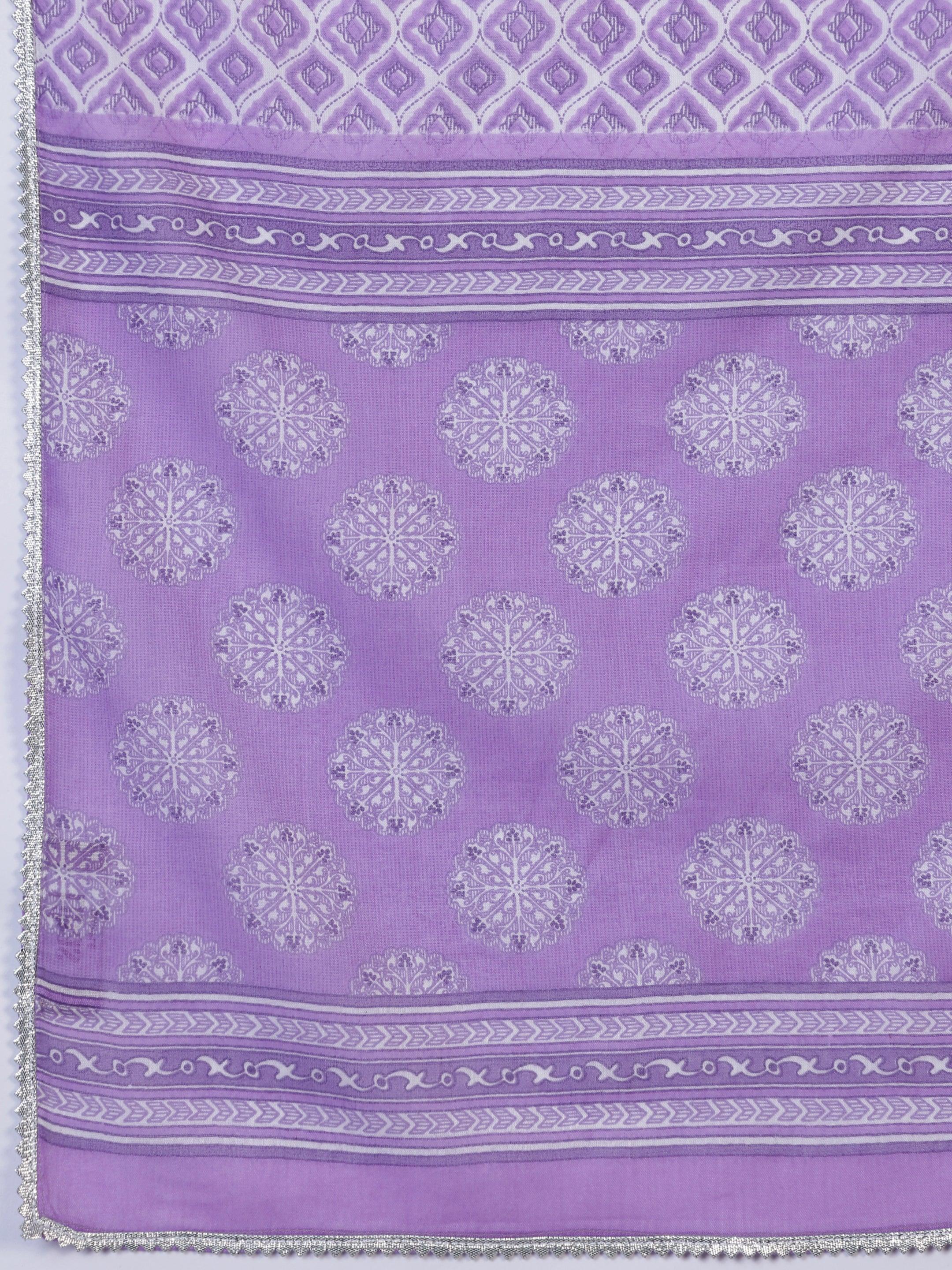 Purple Printed Cotton A-Line Kurta With Trousers & Dupatta