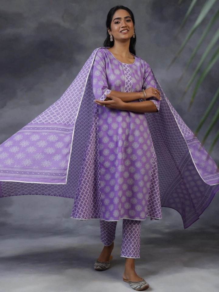 Purple Printed Cotton A-Line Kurta With Trousers & Dupatta - Libas
