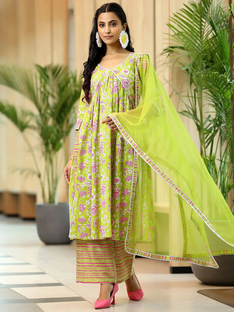 Libas Green Printed Cotton A-Line Kurta With Palazzos & Dupatta