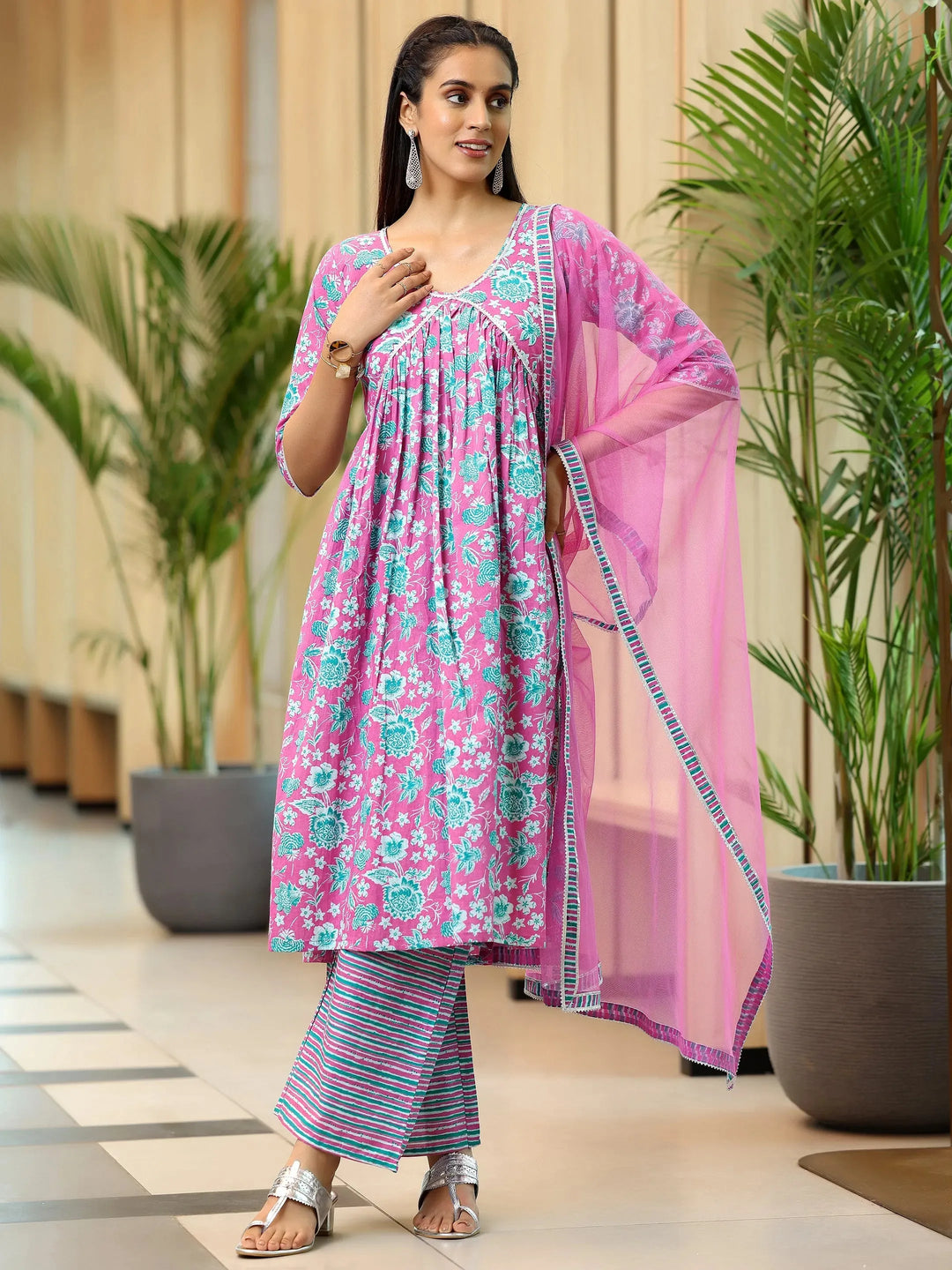  Pink Printed Cotton A-Line Kurta With Palazzos & Dupatta 