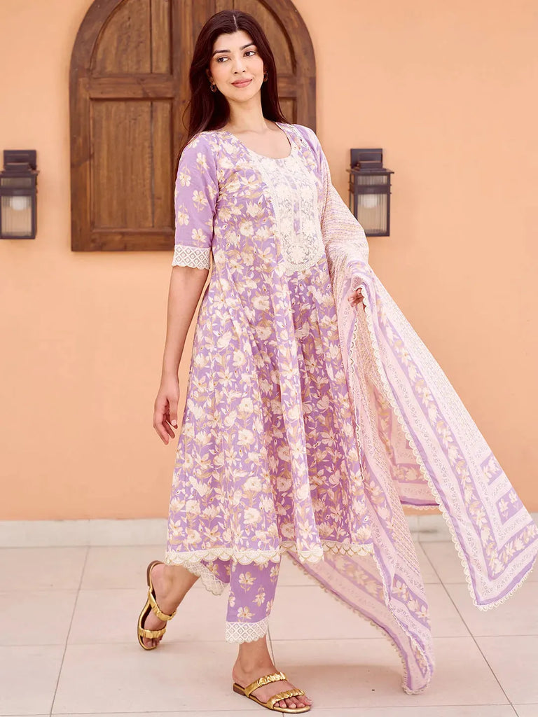 Libas Dilbaro Purple Printed Cotton A-Line Kurta With Trousers & Dupatta