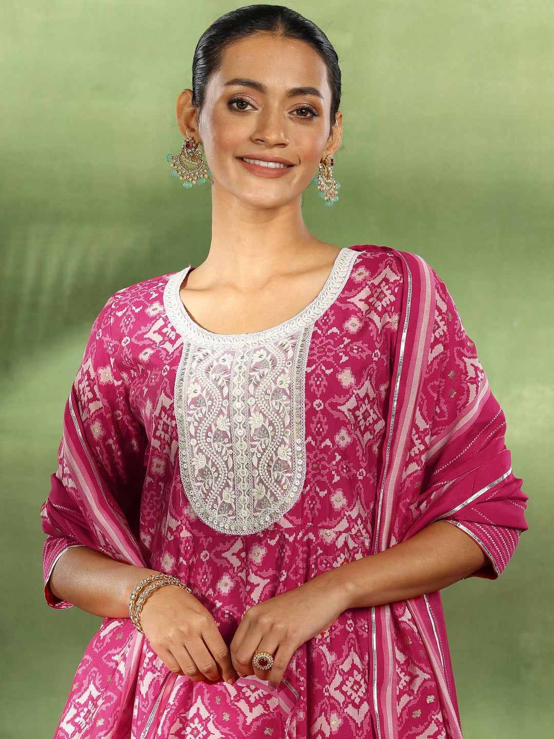  Pink Printed Silk Blend Anarkali Suit With Dupatta 