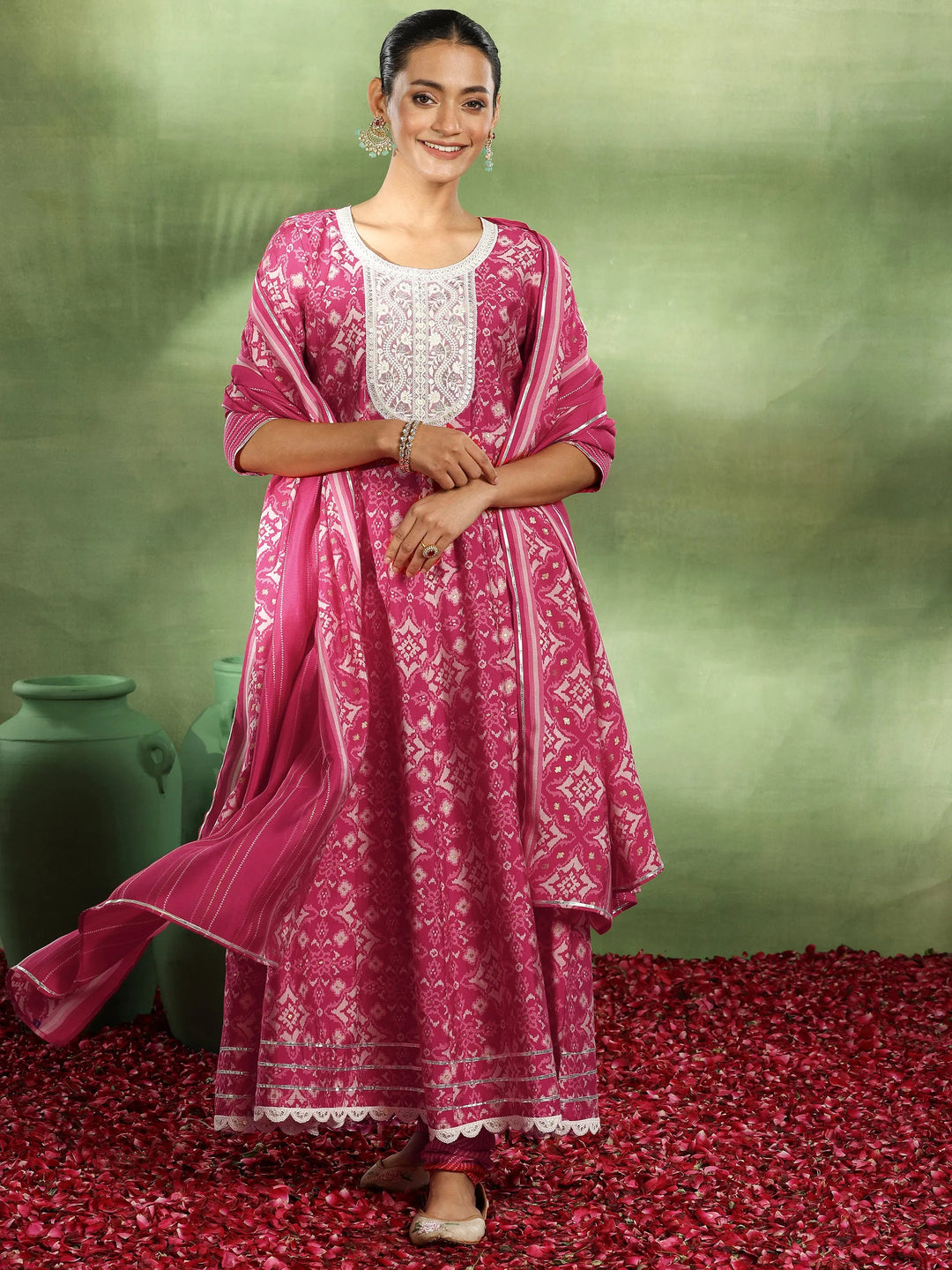  Pink Printed Silk Blend Anarkali Suit With Dupatta 