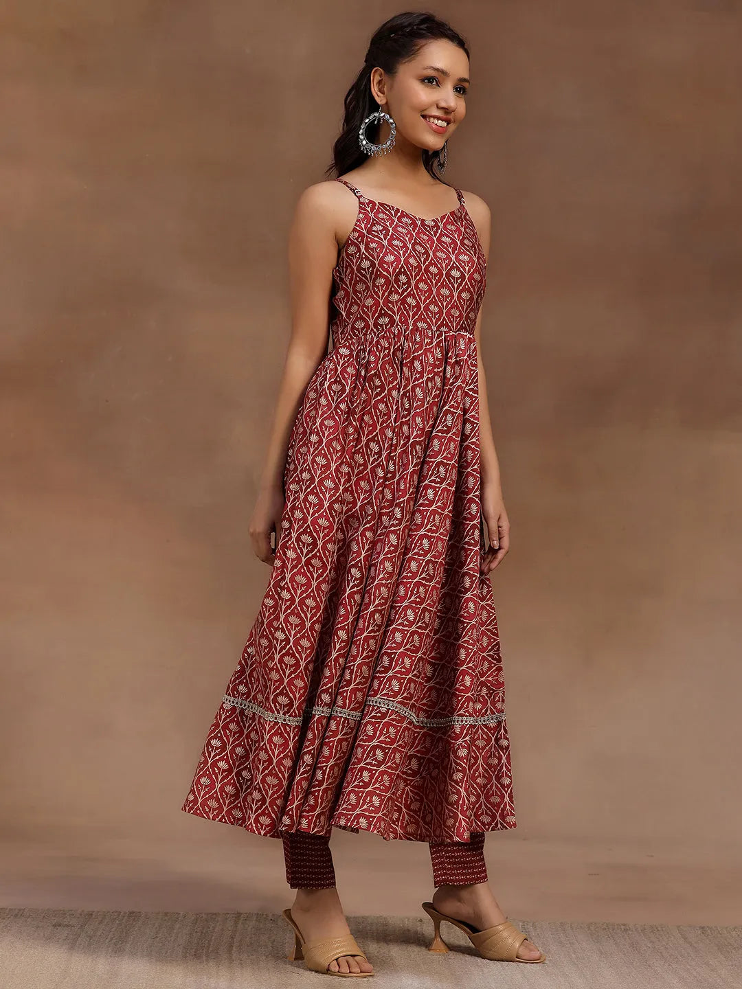  Rust Printed Silk Blend Anarkali Suit With Dupatta 