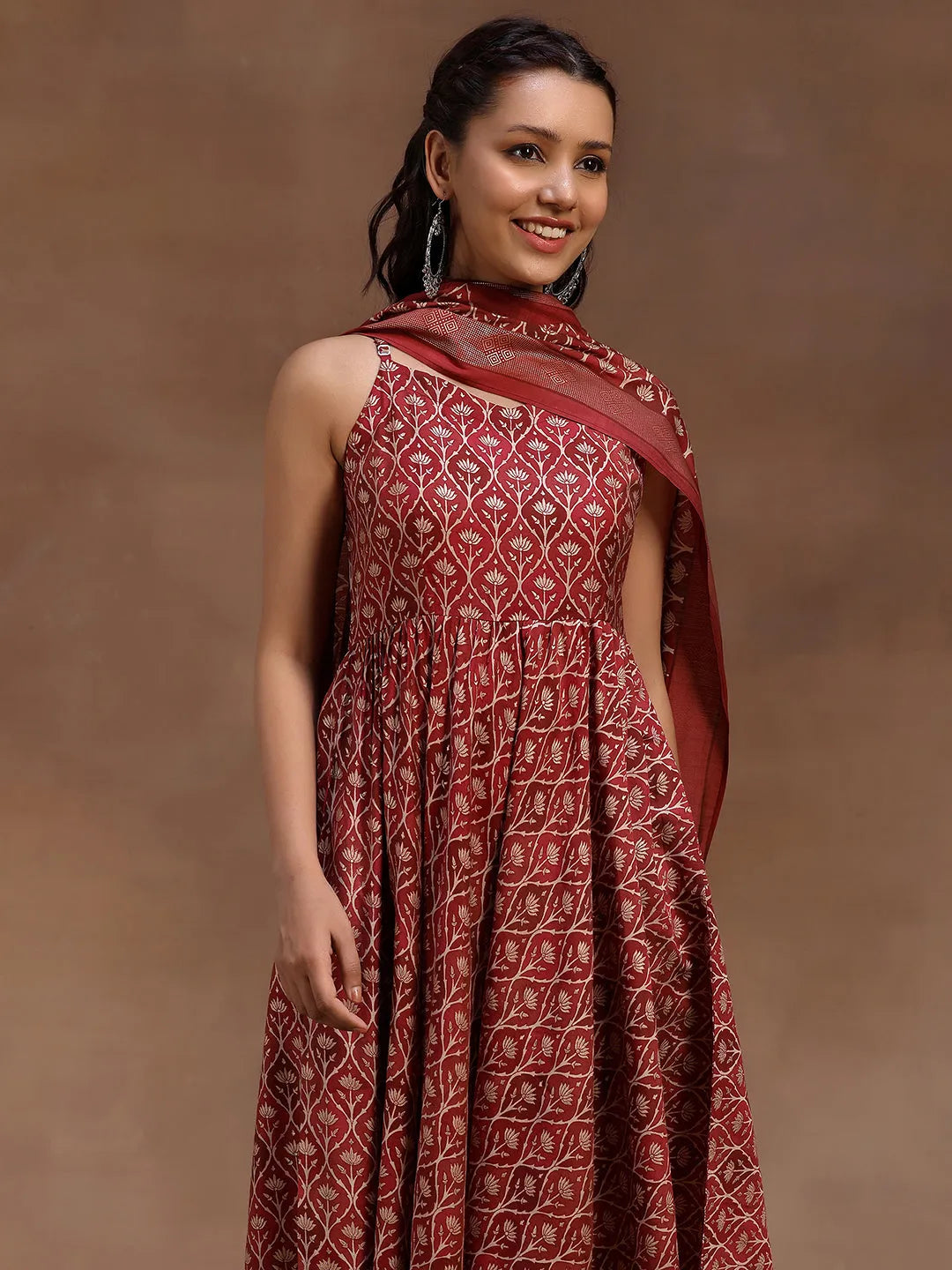  Rust Printed Silk Blend Anarkali Suit With Dupatta 