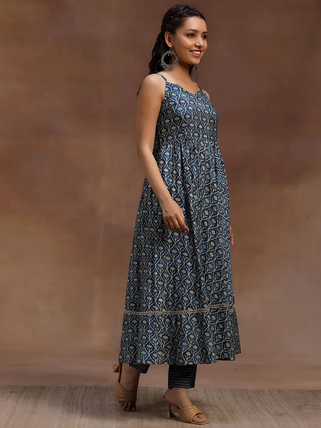  Blue Printed Silk Blend Anarkali Suit With Dupatta 