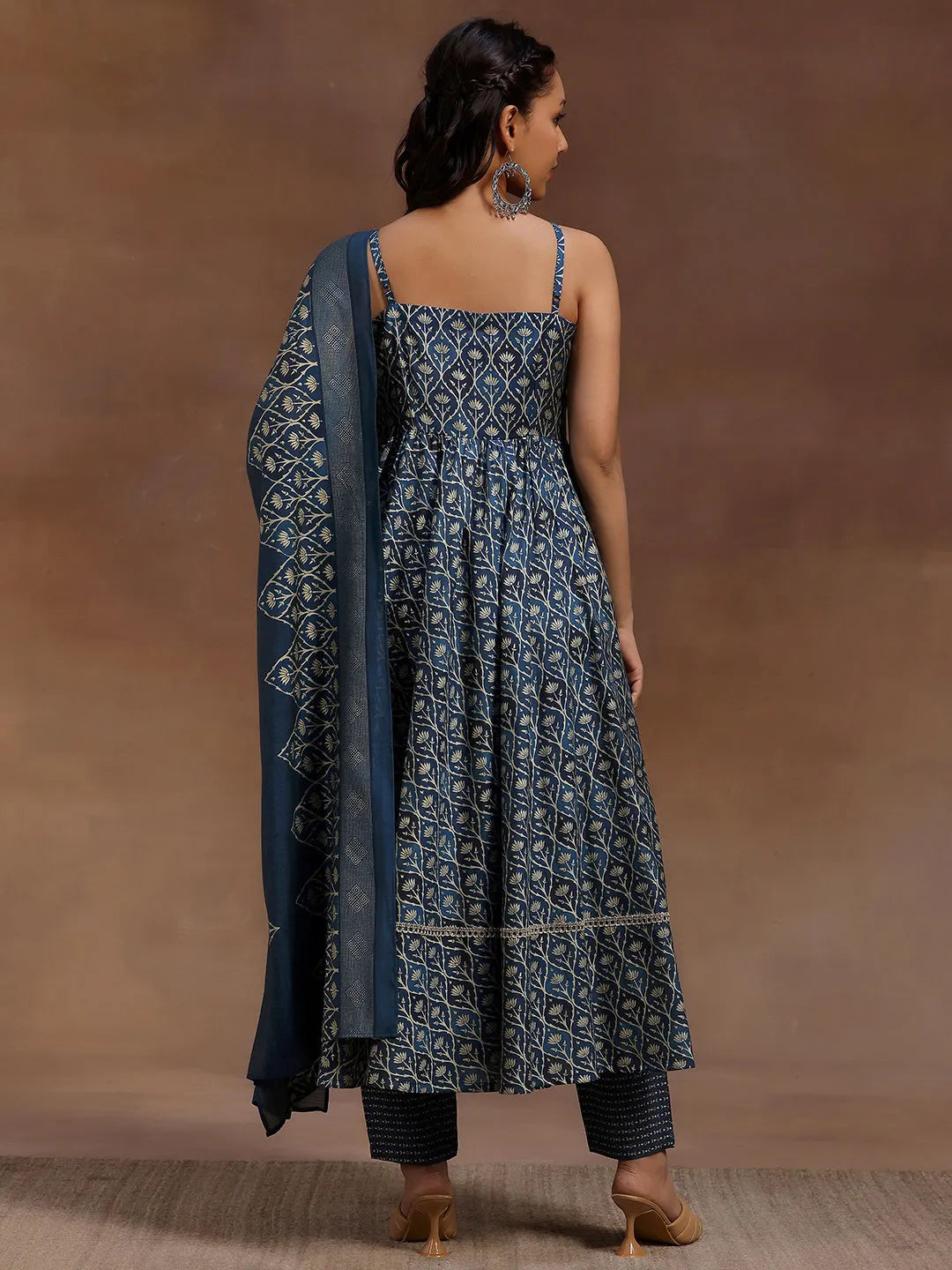  Blue Printed Silk Blend Anarkali Suit With Dupatta 