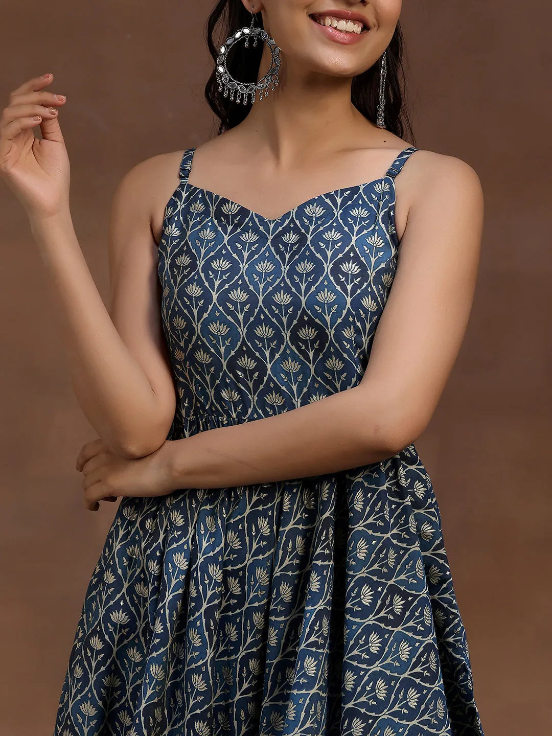  Blue Printed Silk Blend Anarkali Suit With Dupatta 