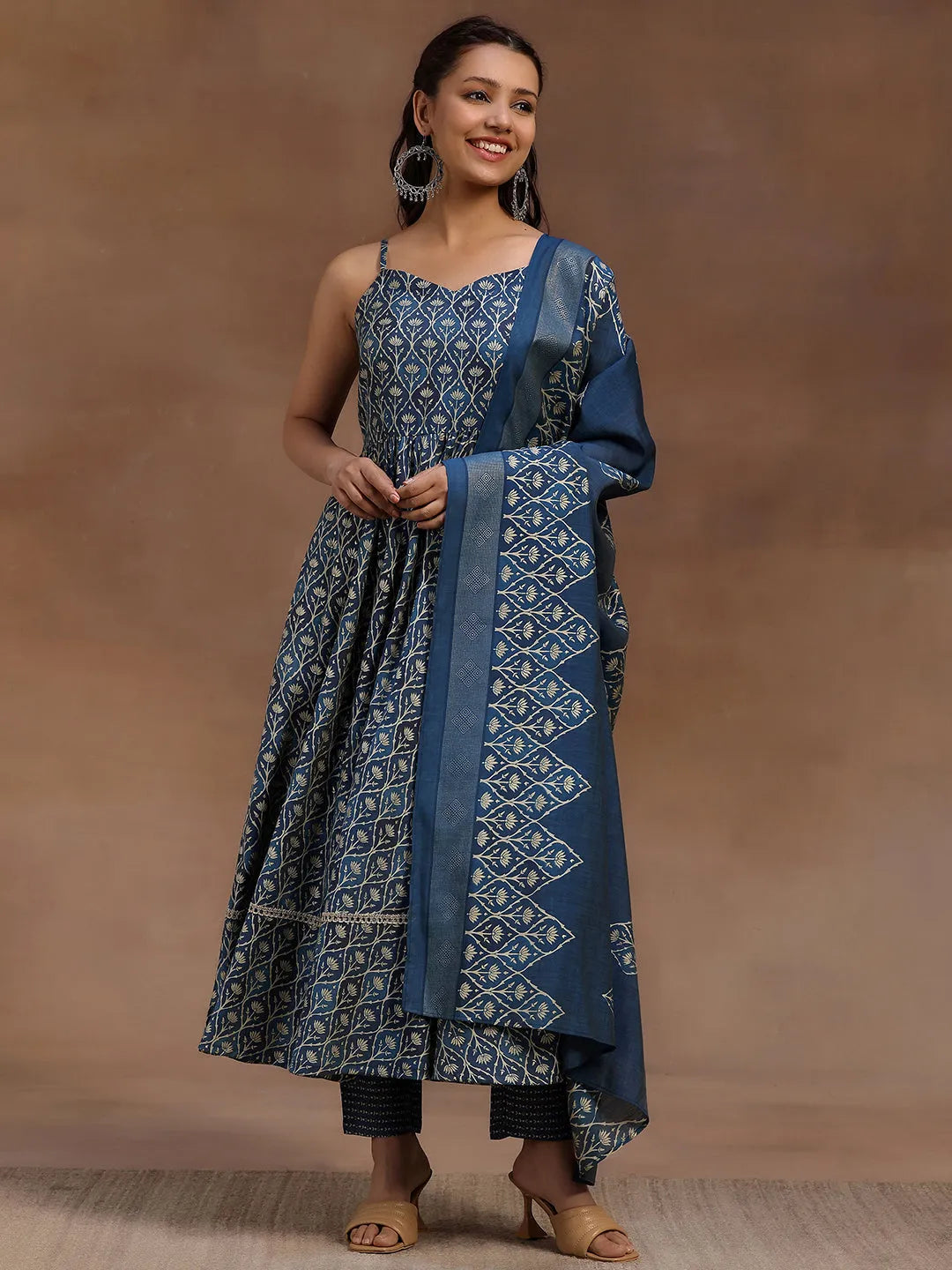  Blue Printed Silk Blend Anarkali Suit With Dupatta 