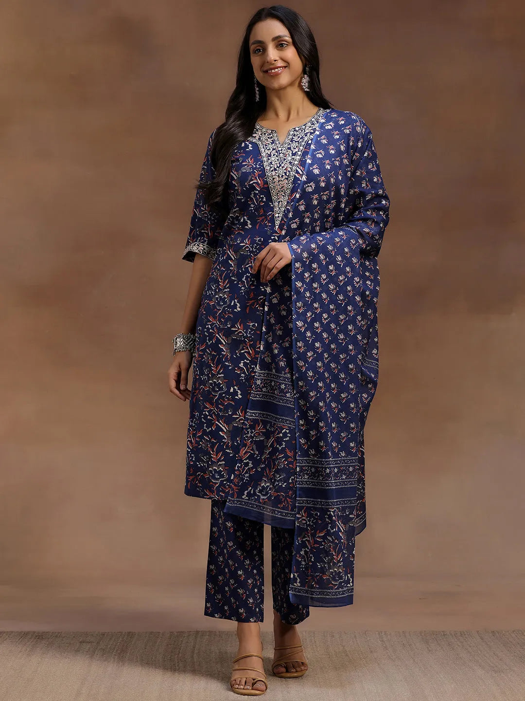  Blue Printed Cotton Straight Suit With Dupatta 