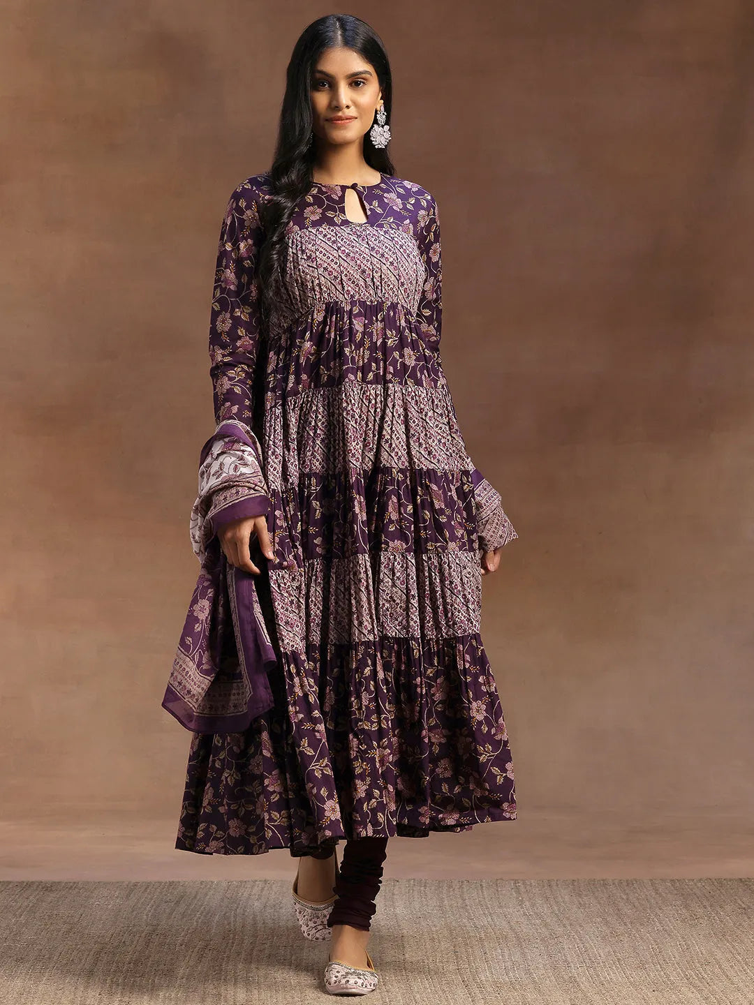  Purple Printed Cotton A-Line Kurta With Churidar & Dupatta 