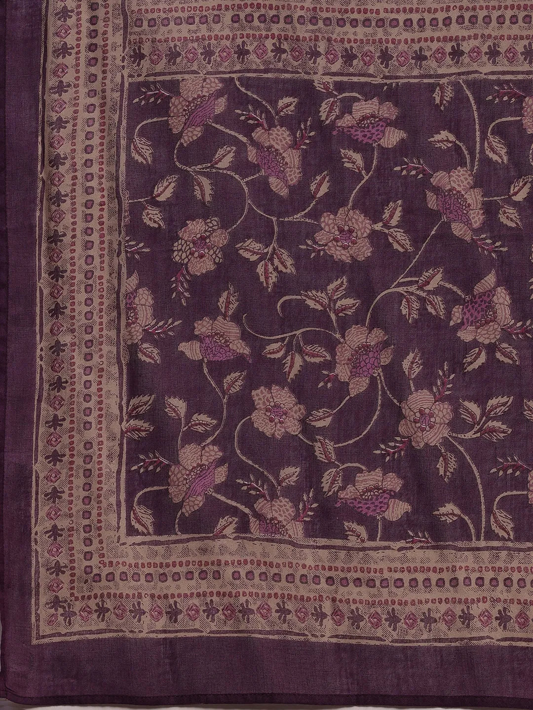  Purple Printed Cotton A-Line Kurta With Churidar & Dupatta 