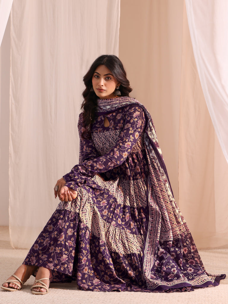 Libas Purple Printed Cotton A-Line Kurta With Churidar & Dupatta