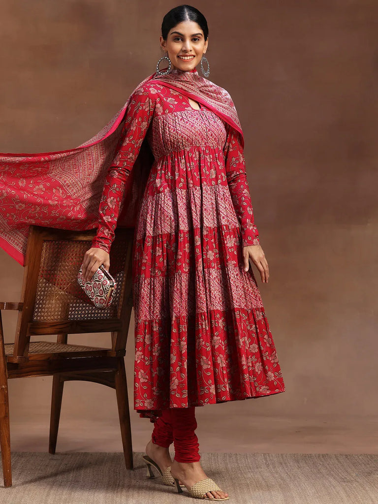 Libas Pink Printed Cotton A-Line Kurta With Churidar & Dupatta